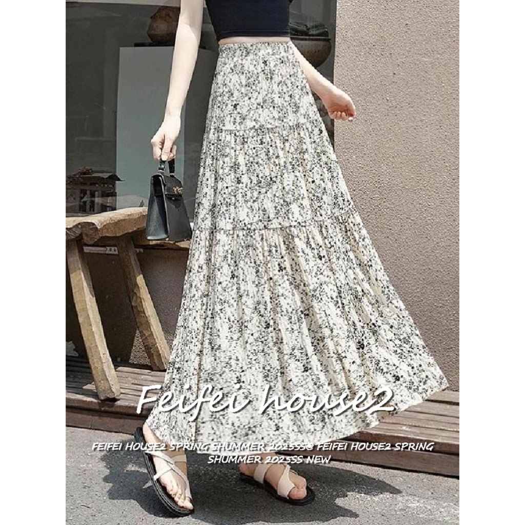 [Summer women's floral casual long skirt]กระโปรงยาวทรงเอจีบเอวสูงลายดอกไม้สไตล์ฝรั่งเศสสำหรับผู้หญิงในช่วงฤดูร้อน