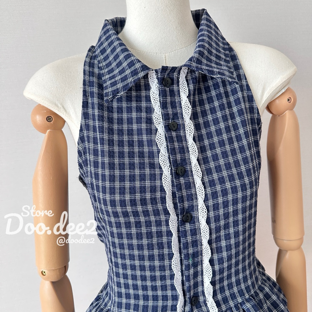 ♦️DOODEE2♦️เสื้อแขนกุดคอปก ระบายชาย ลายสก็อตน้ำตาล