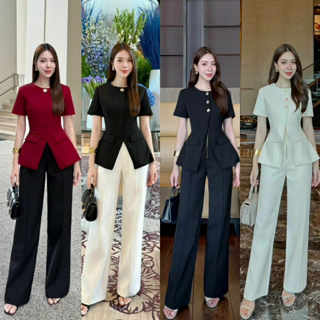 (S-XL)  Shimmer 📣พร้อมส่งเซ็ทเสื้อคอกลมแต่งกระดุมโลหะทอง+กางเกงขายาวแพทเทิร์นสวยเข้ารูป เนื้อผ้าพรีเมี่ยมทั้งชุด