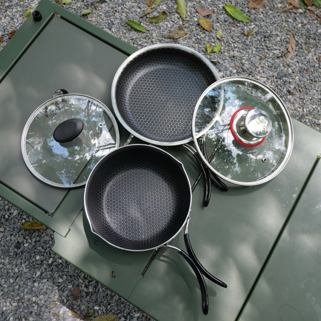 ชุดหม้อและกระทะรังผึ้งสแตนเลส ด้ามจับพับได้ สำหรับแคมป์ปิ้ง