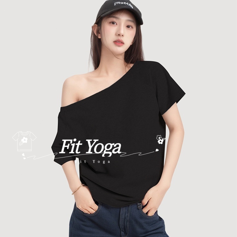 FitYoga เสื้อยืดแขนสั้นไหล่เฉียงสีทึบฤดูร้อนหนึ่งบรรทัดคอปิดไหล่หลวมเสื้อหลวมสำหรับผู้หญิง