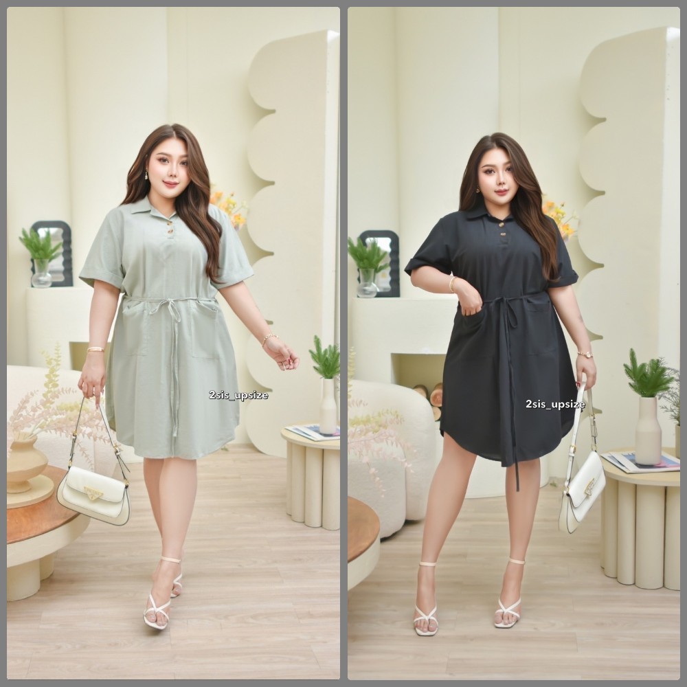เดรสส สาวอวบอ้วน สไตล์มินิมอล เนื้อผ้าคัตตอลลินิน ใส่สบาย แต่งกระเป๋าหน้าชิคสวยมากแม่ มีเชือกไว้รัดเอวM50Lอก54สพ60