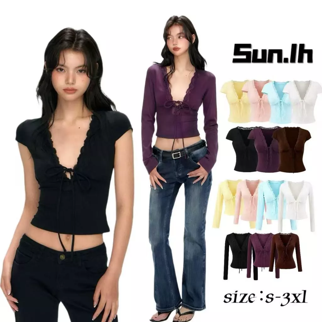SUN🛍️ มีสินค้าพร้อมส่ง🛍️ 2026เสื้อยืดคอวีแขนสั้นผ้าลูกไม้ยืดหยุ่นเซ็กซี่ฤดูร้อนใหม่/เสื้อแขนยาว
