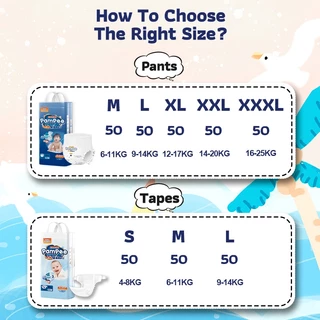 PAMPEE 50pcs ผ้าอ้อมเด็ก กางเกง แบบเทป กางเกงผ้าอ้อม บางพิเศษ กางเกงเด็กดึงขึ้น นุ่มฤดูร้อนระบายอากาศได้