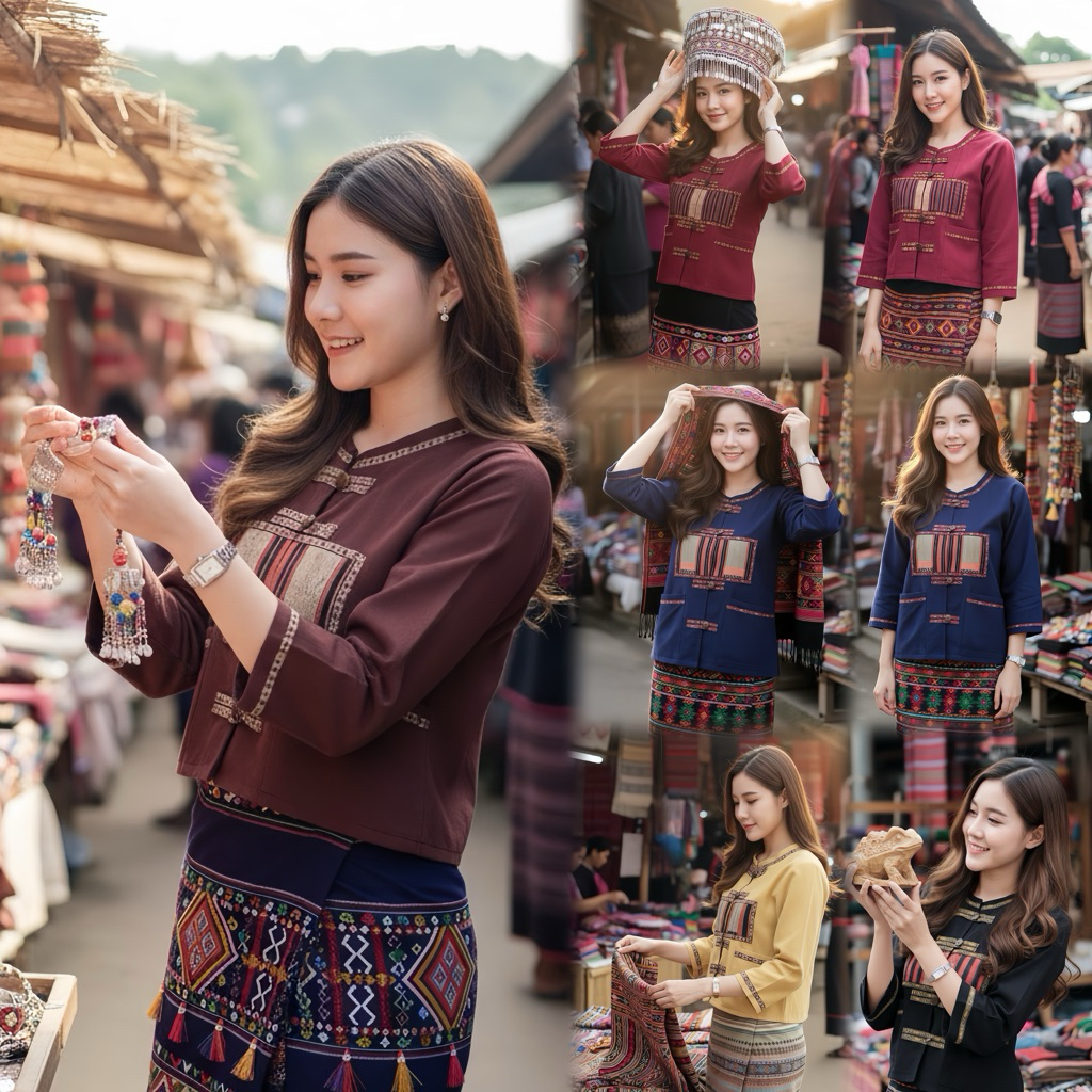 เสื้อพื้นเมืองผู้หญิงคอกลมแต่งแถบผ้าทอลายชนเผ่า