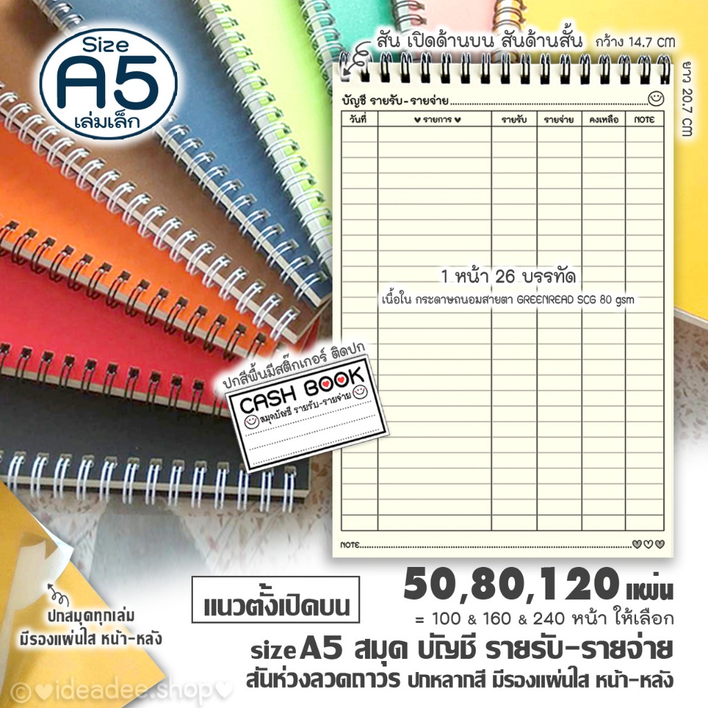 🔢⭕🔺A5(เล่มเล็ก)🔺สมุดบัญชี รับ-จ่าย❗^^แนวตั้ง-เปิดบน^^❗🌼มี 50🔶80🔶120 แผ่น สันห่วงลวด🌈ปกหลากสี+มีแผ่นใสรองปก