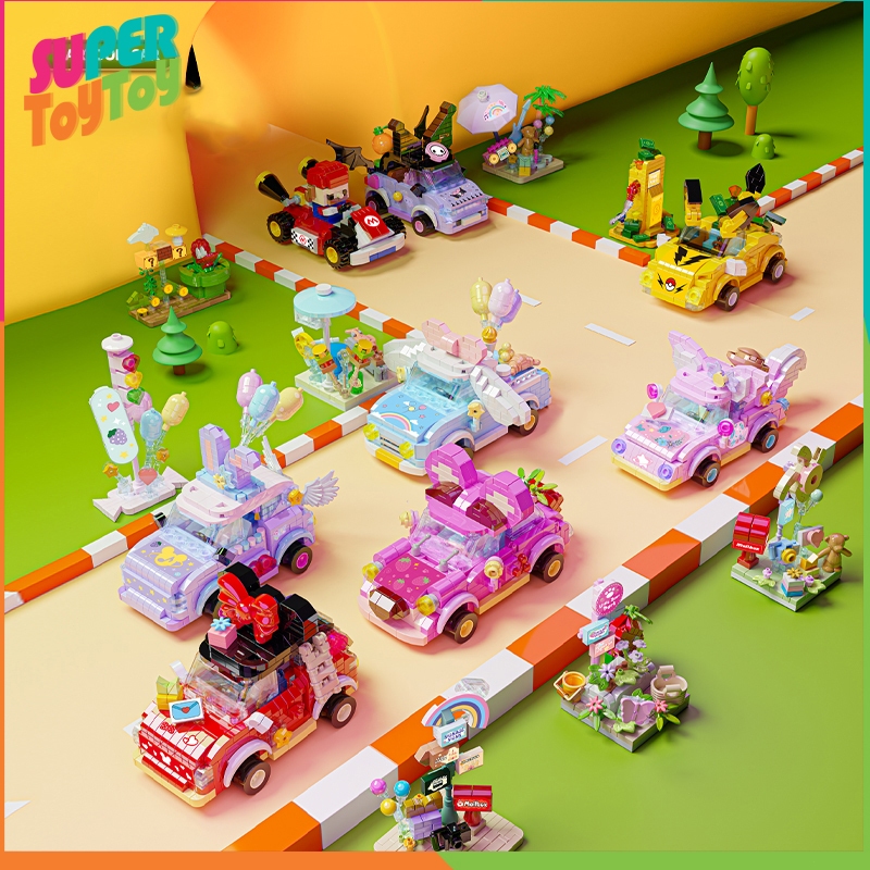 บล็อกตัวต่อมินิรถการ์ตูน 3D น่ารัก ตัวต่อของเล่นการ์ตูน รถเลื่อนได้