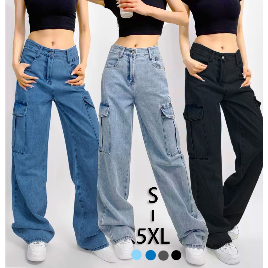 S-5XL~Cargo Long jeans กางเกงยีนส์สีดำและสีน้ำเงิน กางเกงขายาวทรงตรง ขากว้าง เอวสูงสไตล์เกาหลี ใส่สบายแบบลำลอง HOT