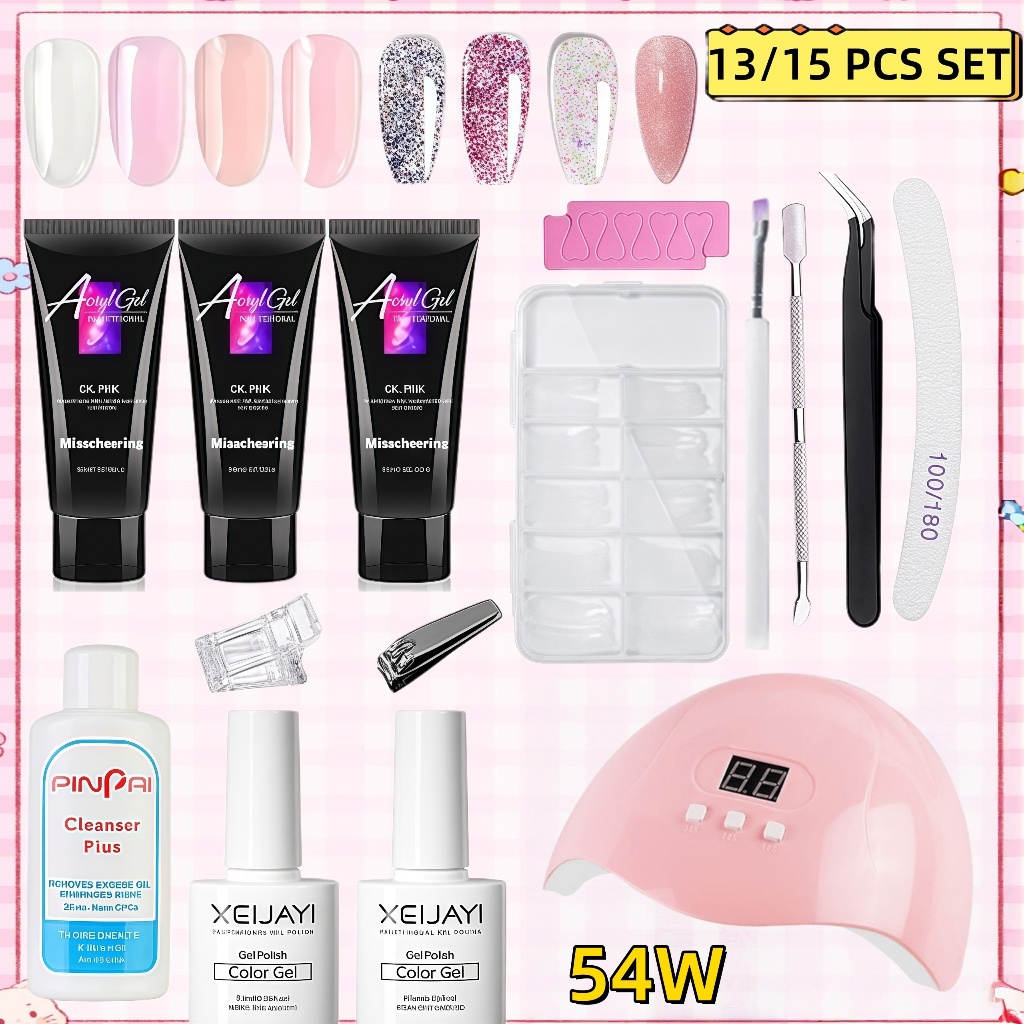 ชุดเล็บโพลีเจล + 54 วัตต์ UV Led Gel เล็บเครื่องเป่า + โค้ตฐานด้านบนสำหรับเล็บขยายพีวีซี DIY อุปกรณ์ชุดเล็บเจลทั้งหมด
