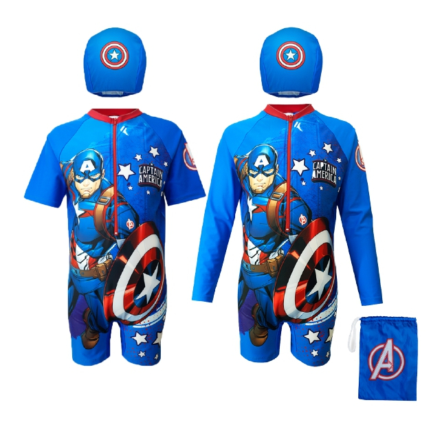 AVENGERS ชุดว่ายน้ำเด็กผู้ชายบอดี้สูท ลาย Captain America แถมหมวก และถุงว่ายน้ำ Marvel รุ่นเด็กโต 3-10 ปี