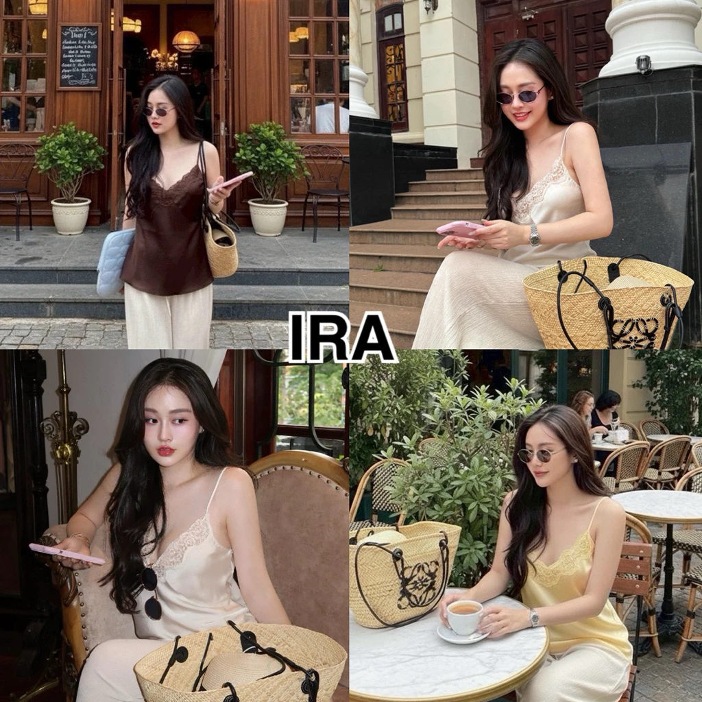 BY IRA(23276) Classy Top พร้อมส่ง เสื้อสายเดี่ยวผู้หญิง สีพื้น แต่งลูกไม้ เสื้องานผ้าซาติน งานคอวี (ไม่มีซับใน)