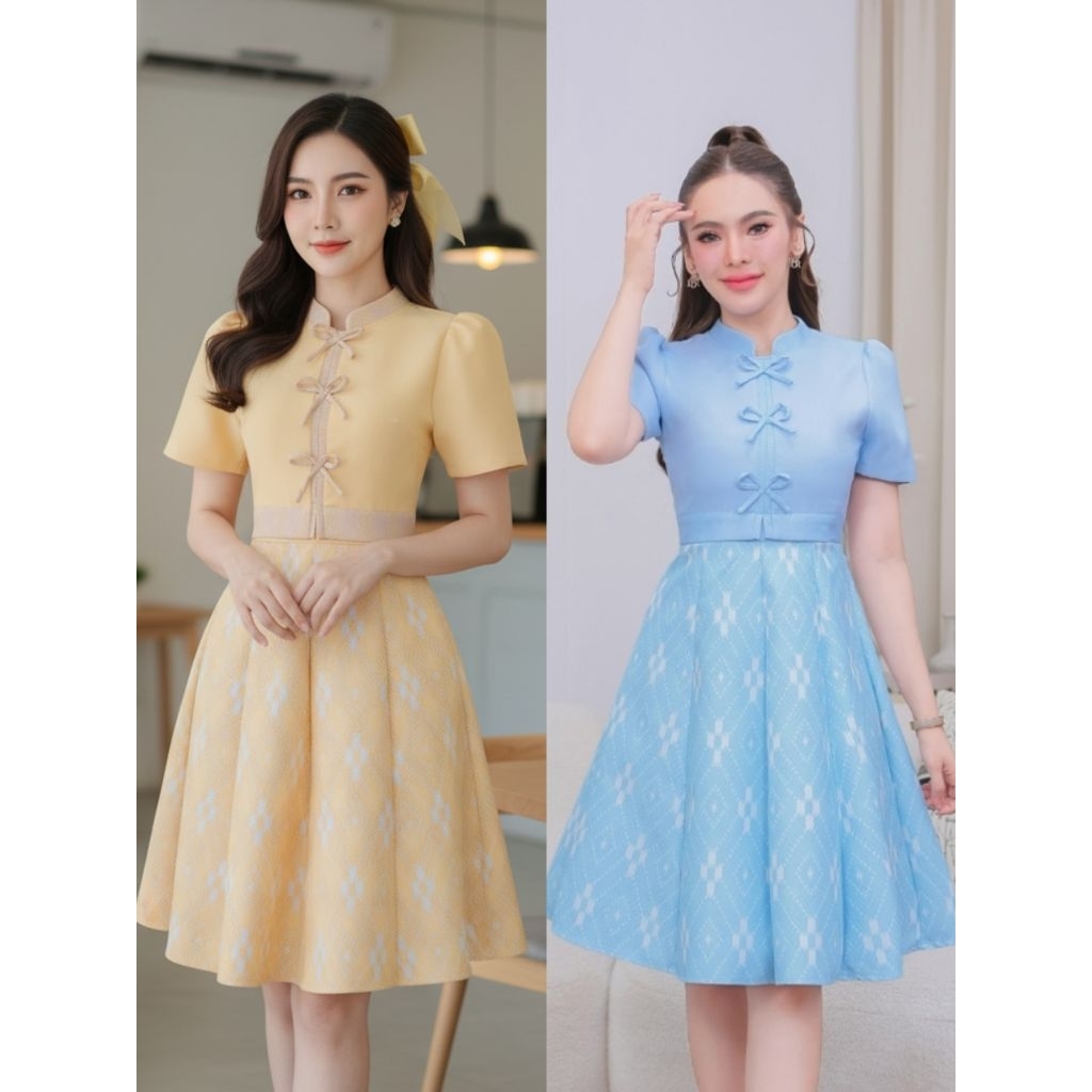 N823 ชุดเดรสผ้าทอคอจีน แต่งโบว์หน้า กระโปรง8ชิ้น สวยมากๆค่ะ งานอัดกาว ทั้งชุด ทุกชิ้น ซิปซ่อนด้านหลัง