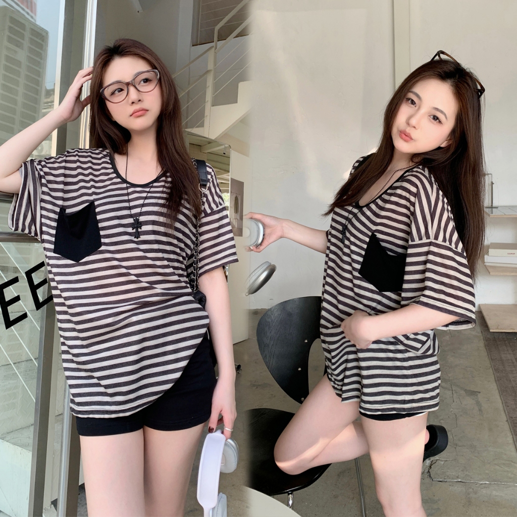 เสื้อยืดลายริ้ว เสื้อคลุมเบาบาง ออเวอร์ไซส์ งานปักหน้าอก ผ้าฝ้าย งานเกาหลี #2368