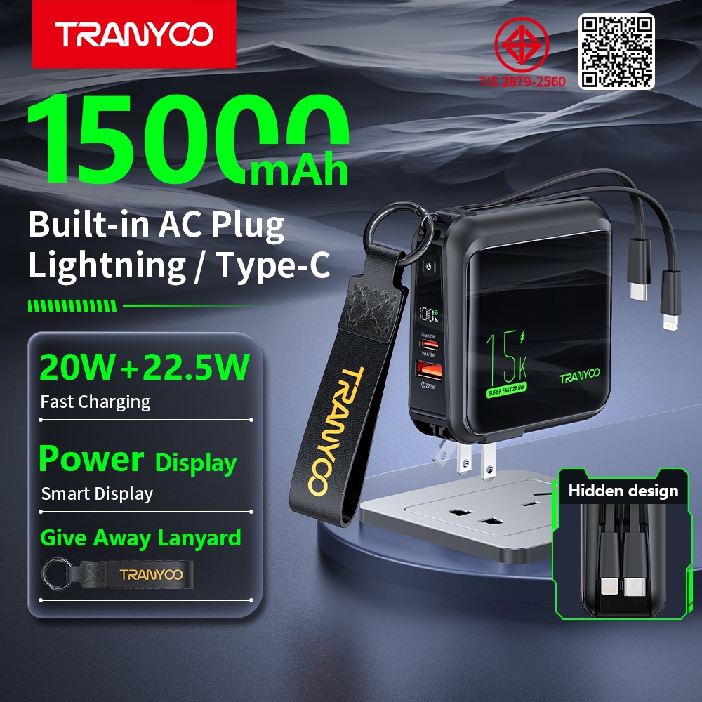 TRANYOO K20 15000mAh Portable Power Bank with Plug-in Charging and Lightning Type-C Cable for 22.5W Fast Charging