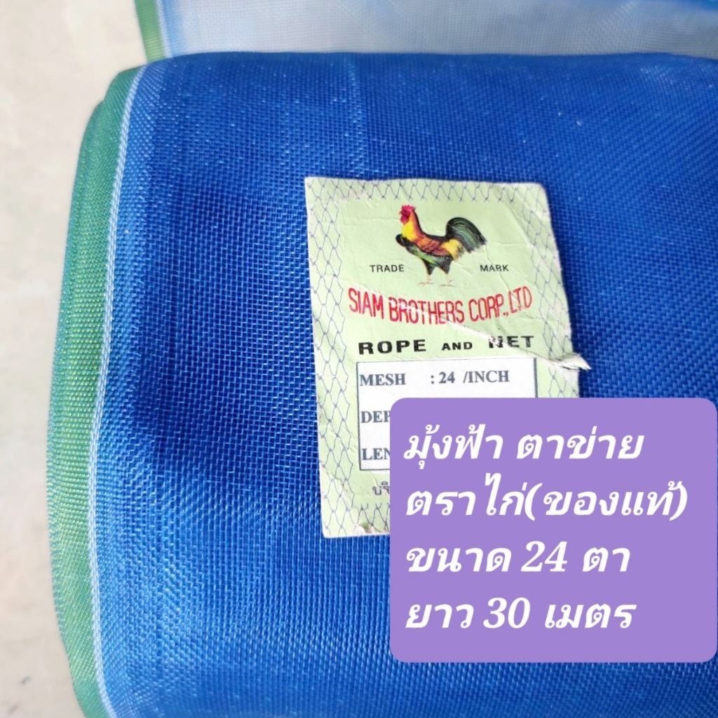 ตราไก่ มุ้งไนล่อน ฟ้า 24ตา แถบเขียว กว้าง0.9 -1.20ม. ยาว 30 เมตรเต็ม!