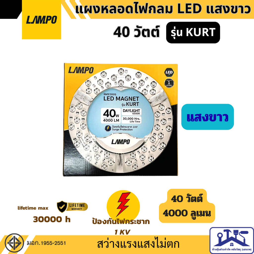 LAMPO แผงหลอดไฟกลม แผงแม่เหล็ก LED 40W 24W 18W 12W รุ่น KURT แสงขาวDaylight มีมาตรฐาน มอก.