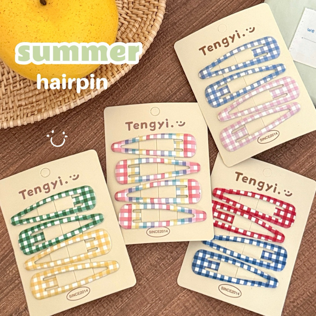 Cute 413 กิ๊บติดผม กิ๊บแป๊กลายตารางสีสดใส 4 ชิ้น/แพ็ค