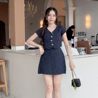 [S-3XL]ชุดเซ็ทผ้าทวิตเสื้อคอวีกระโปรงสั้นซิปหลัง