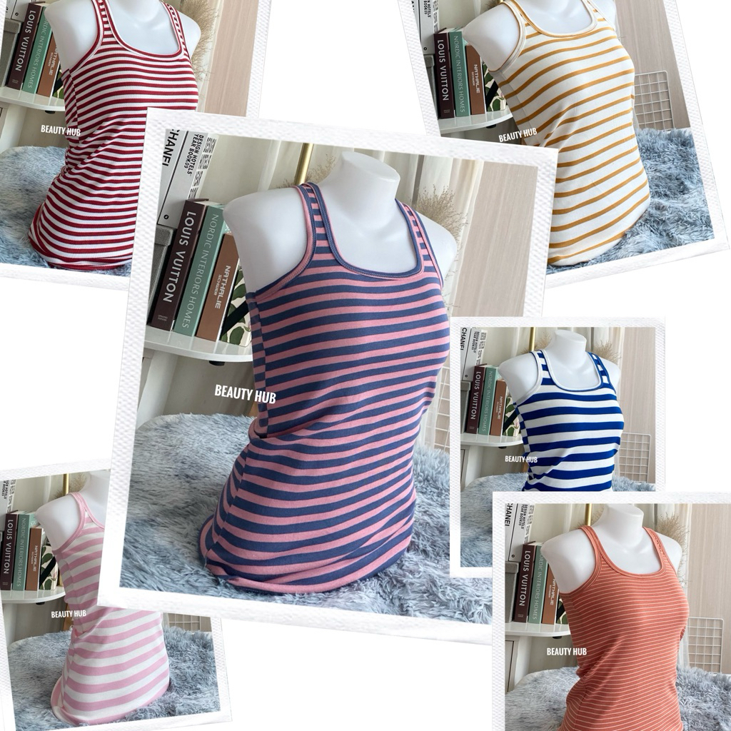 [524] เสื้อกล้ามสาวอวบ เสื้อกล้ามผู้หญิง ลายริ้ว เต็มตัว ยืดตามตัว ใส่สวย ใส่สบาย สีไม่ตก ไม่ย้วย