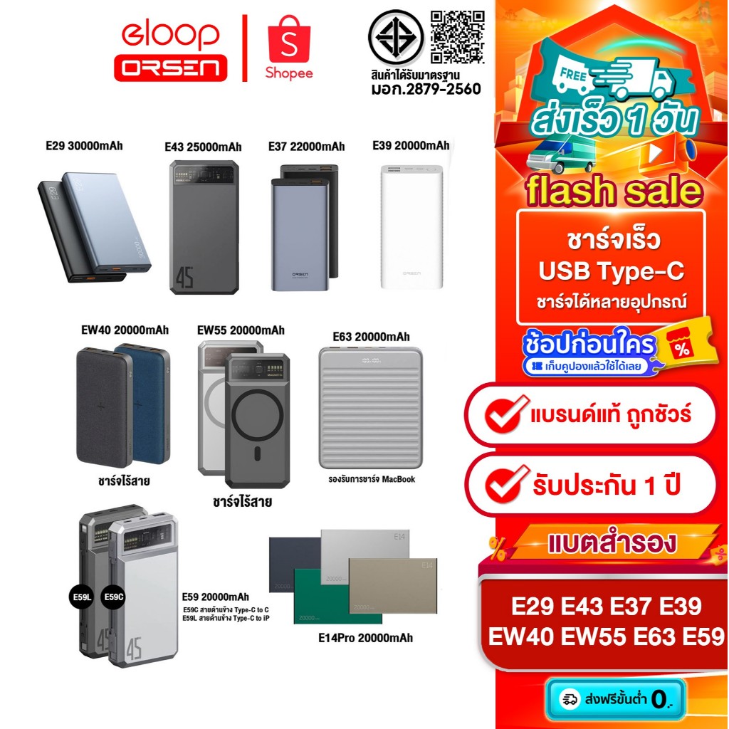 [ติดตาม รับส่วนลด] Powerbank 20000mahรุ่นฮิตE63 / E14Pro / E37 / E39 /E43 / EW40 / EW55 / E59C/E59L