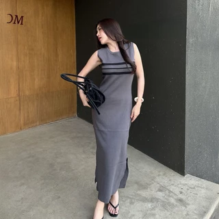 เดรสแขนกุด ทรงถ่วงยาว ผ้าไหมพรม แต่งแหวกข้าง ผ้ายืดตามตัว สาวอวบใส่ได้ เรียบหรูดูแพง รุ่น น้ำพุ