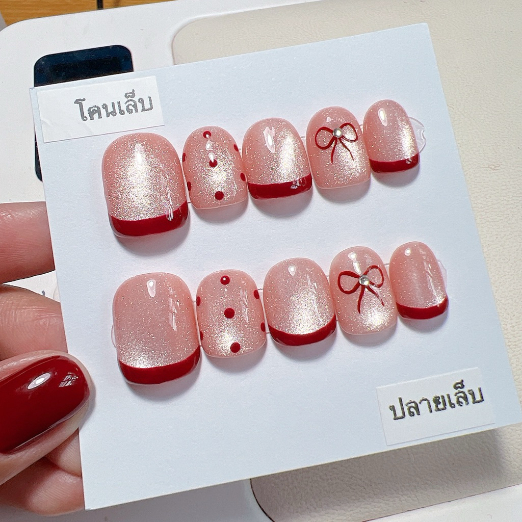 เล็บปลอมเจลสำเร็จรูป สีชมพูลูกแก้ว+เฟ้นปลายแดง🎀 (แถมกาว+ตะไบ) - รูปที่ 2