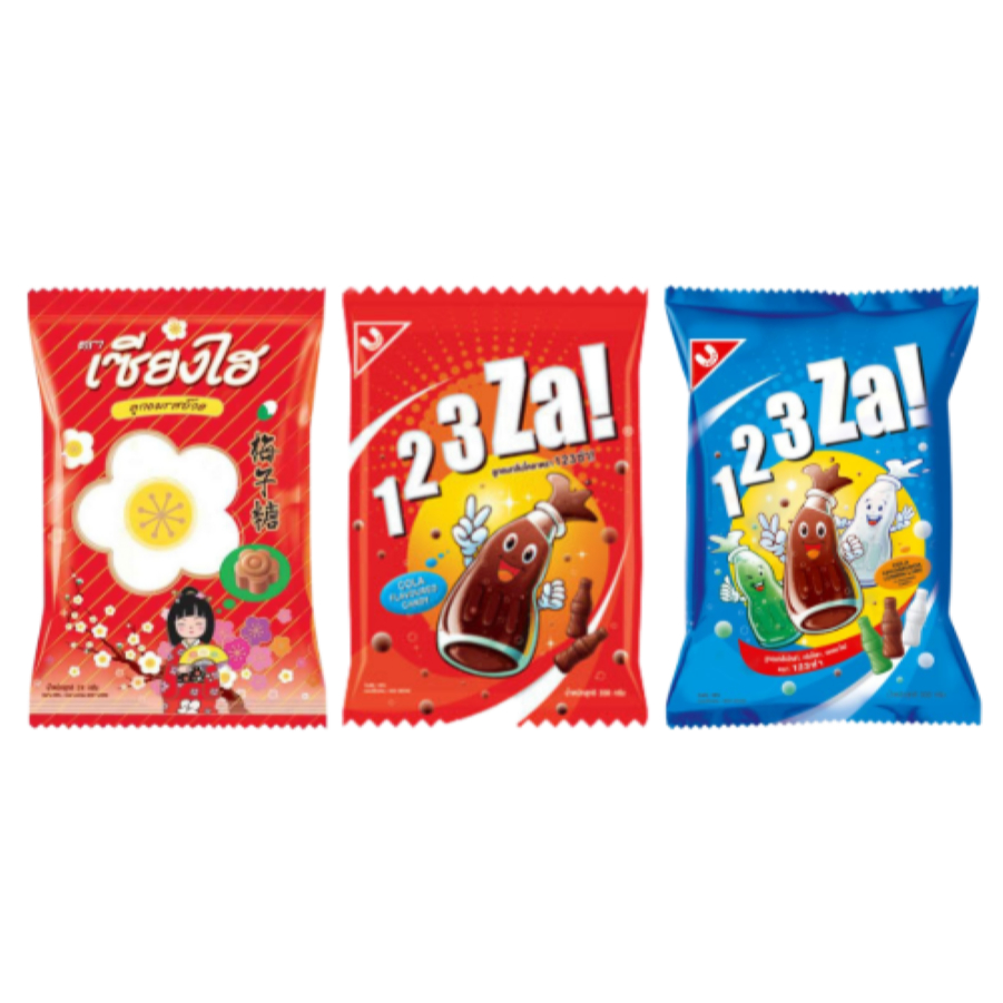ลูกอม 123 ซ่า ( รวมรสและโคล่า ) และ ลูกอมเซียงไฮ รสบ๋วย ขนาด 100 เม็ด
