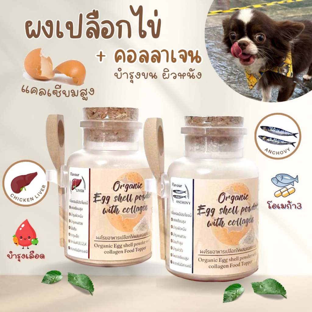 ผงเปลือกไข่คอลลาเจน-เสริมแคลเซียม-บำรุงข้อต่อ ขน ผิวหนัง-โรยในอาหารสุนัขแมว