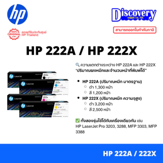 HP 222A / 222X Toner ตลับหมึกเลเซอร์สีแท้ (เลือกรุ่นความจุ/สี) | สำหรับ LaserJet Pro 3203 / 3288 / MFP 3303 / MFP 3388