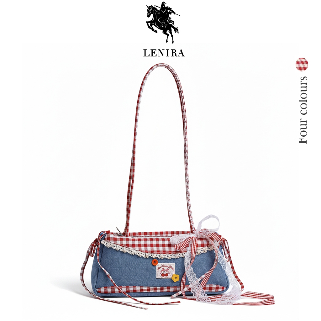 Lenira (B2477) กระเป๋าถือสะพายไหล่ลายยีนส์สก็อตแดงใบยาว สายยาว