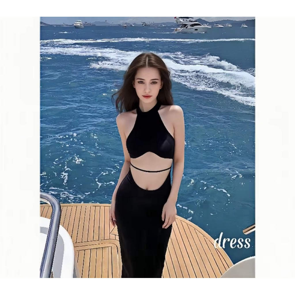 Wชุดเดรสสีดำสำหรับวันหยุดพักผ่อนแบบใหม่ชุดเดรสเปิดเอวสไตล์เซ็กซี่