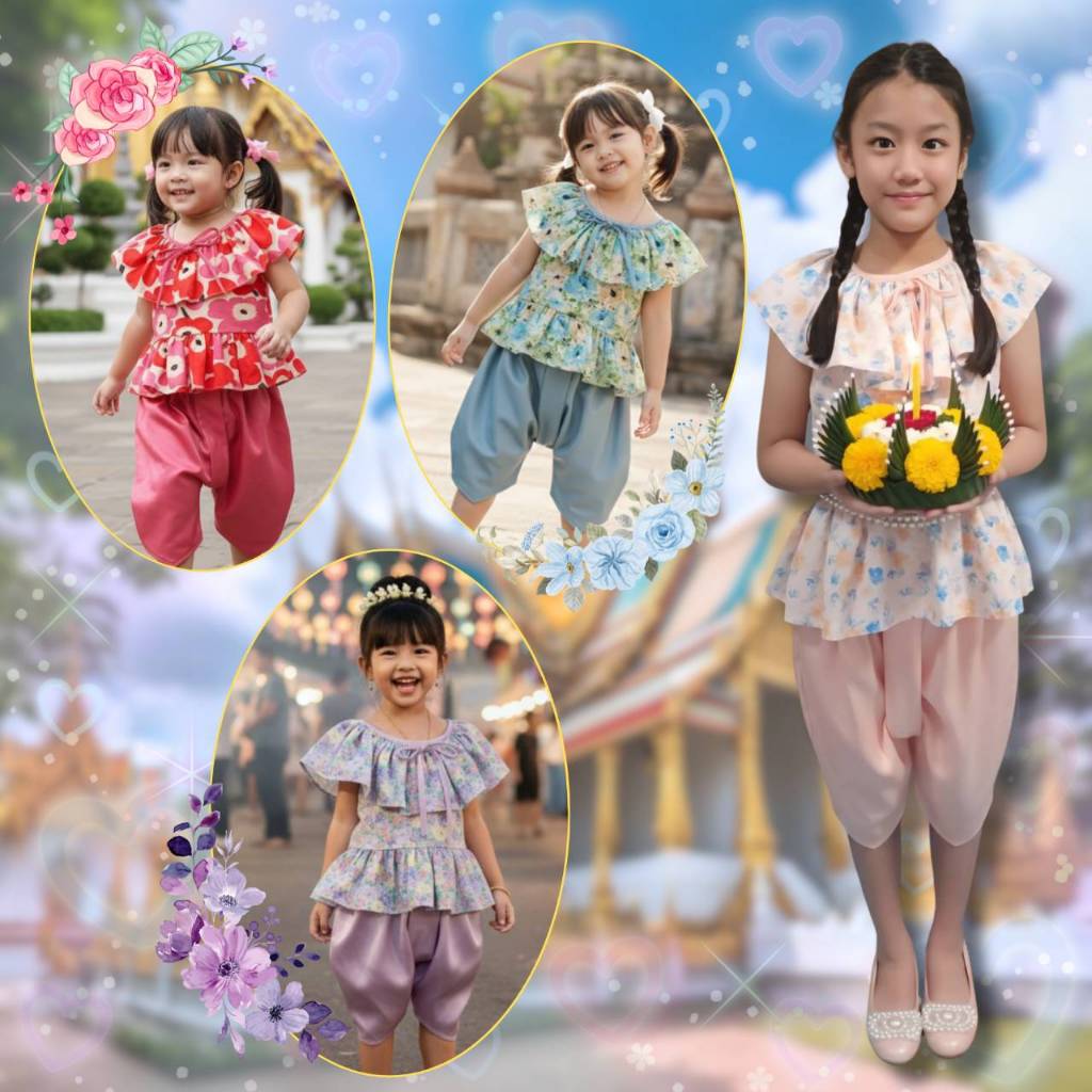 (THA0996) ชุดไทยเด็กหญิง เสื้อ+โจงกระเบน แต่งคอระบาย น่ารักๆ ชุดไทยเด็ก ชุดไทยประยุกต์