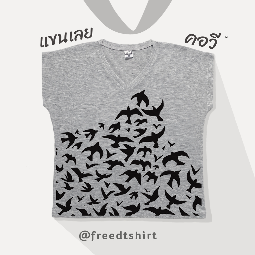 FREED คอวี เสื้อแขนเลยสีเทา ผ้าTktopdye พิมพ์ลายน่ารัก