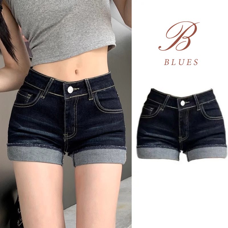 B BLUES✨กางเกงขาสั้นเดนิม ยีนส์สาวเกิร์ล✨ ใส่สวยเป๊ะเวอร์! กางเกงขาสั้นยีนส์สตรีทสไตล์ เอวสูง ตัวยืดฟิตกระชับสัดส่วน