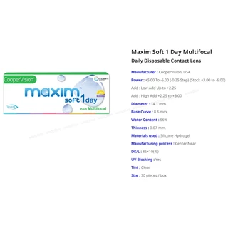 Maxim Soft 1 Day Multifocal คอนแทคเลนส์สายตายาวตามวัย (1 Box :15 Pairs)