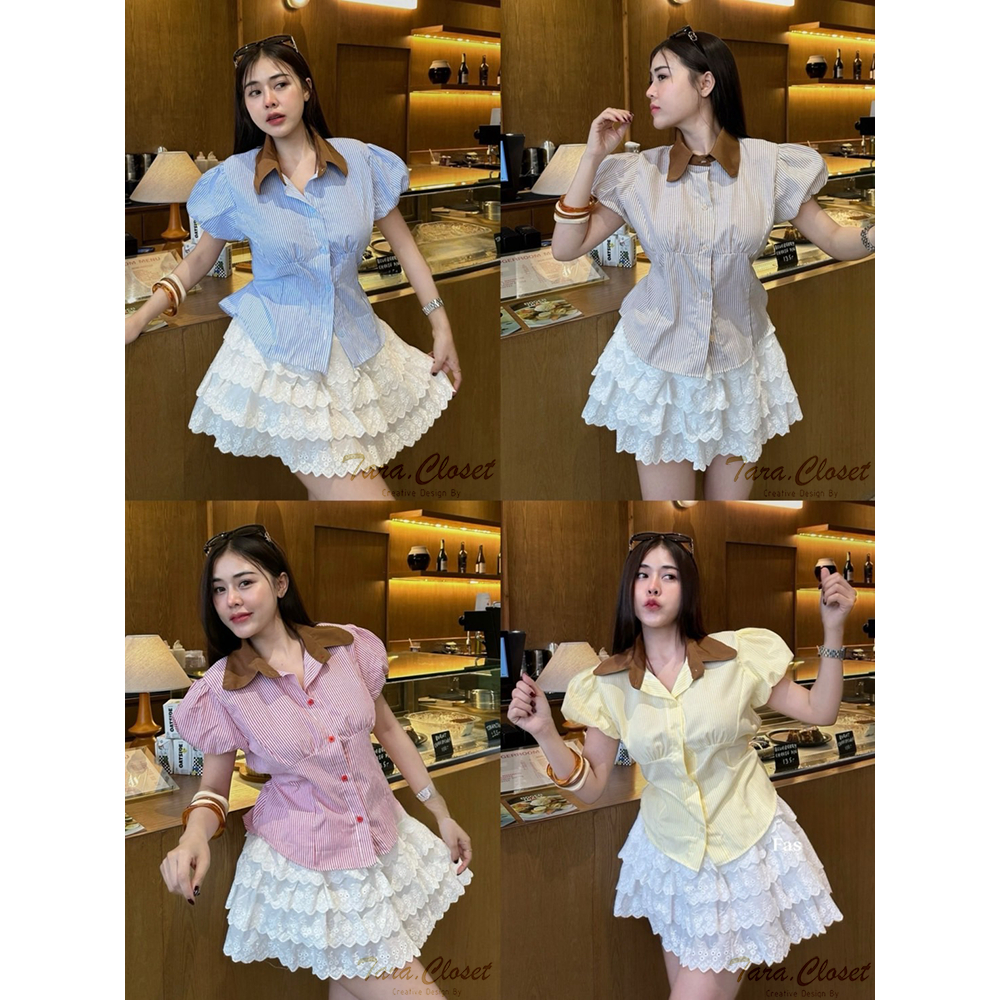 MR032 TARA Shirt เสื้อเชิ้ตลายทาง คอปกเรียบ แขนตุ๊กตา กระดุมหน้า มีสายผูกเอว เนื้อผ้าอ็อกฟอร์ดทอลายริ้ว