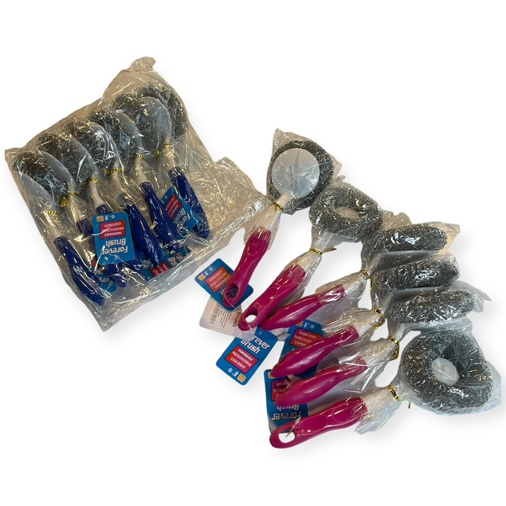 แปรงขัดกระทะ ฝอยสเตนเลส ด้ามพลาสติก ขนาด25ซม. แพคละ12ชิ้น