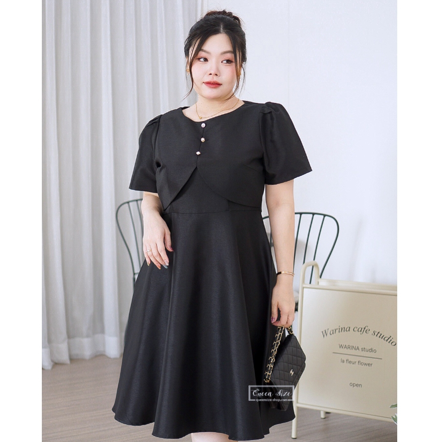 Parita-ชุดผ้าไหมอิตาลี่ไซส์ใหญ่ มีไซส์อก42 44 46 และ48นิ้ว ทรงเสื้อกั๊กกระโปรงบาน เดรสสาวอวบอ้วนสีดำ