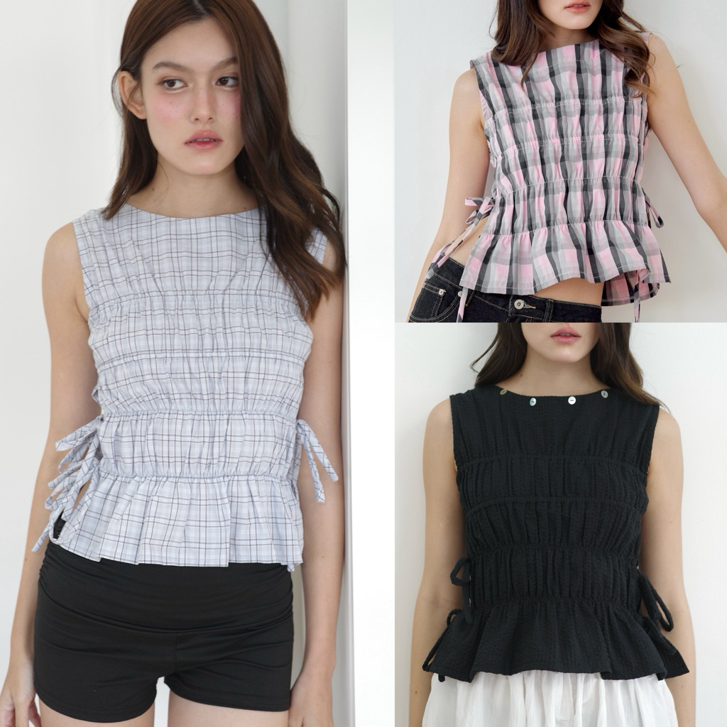 Theremin Rome top - เสื้อแขนกุดเข้ารูปใส่ยางรอบดีเทลแหวกข้าง (black, pink plaid)