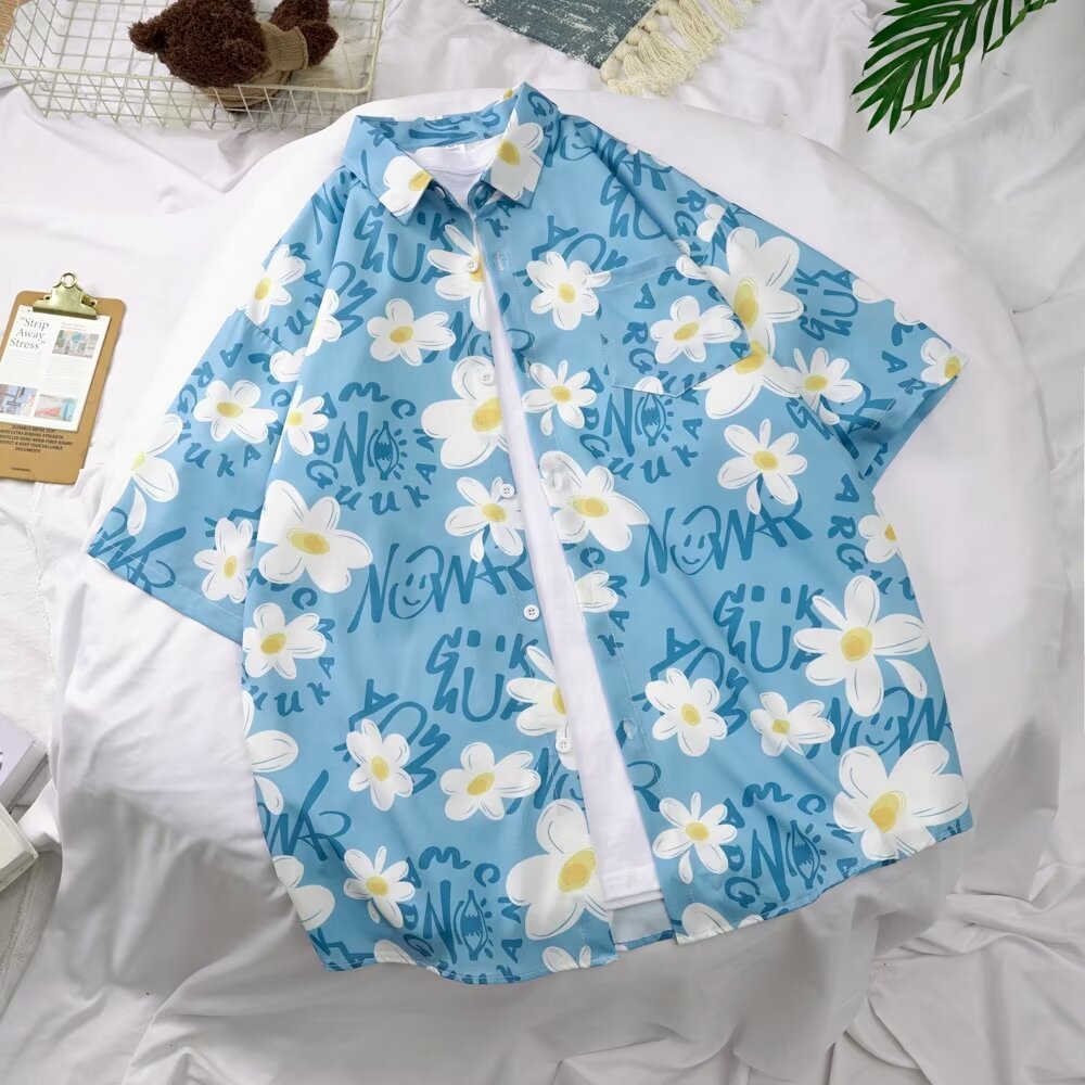 เสื้อดำคอปก เสื้อฮาวาย ผู้ชาย เสื้อผู้ชายเท่ๆ เดซี่เสื้อจิ๋ว  เสื้อฮาวายลายดอก เสื้อเชิ้ตแขนสั้นคอกลม 3 สี M-3XL
