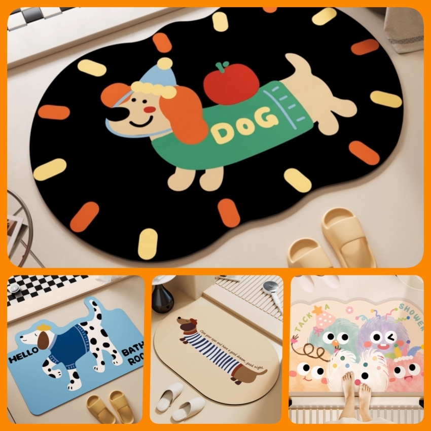 พรมเช็ดเท้าลายการ์ตูน พรมห้องครัว น้องหมาคัชชุน ดูดซับน้ำได้ดี หน้าห้องน้ำ แห้งไว หน้าห้องน้ำ พรมซิลิโคนไดอะตอมไมต์ พรมส