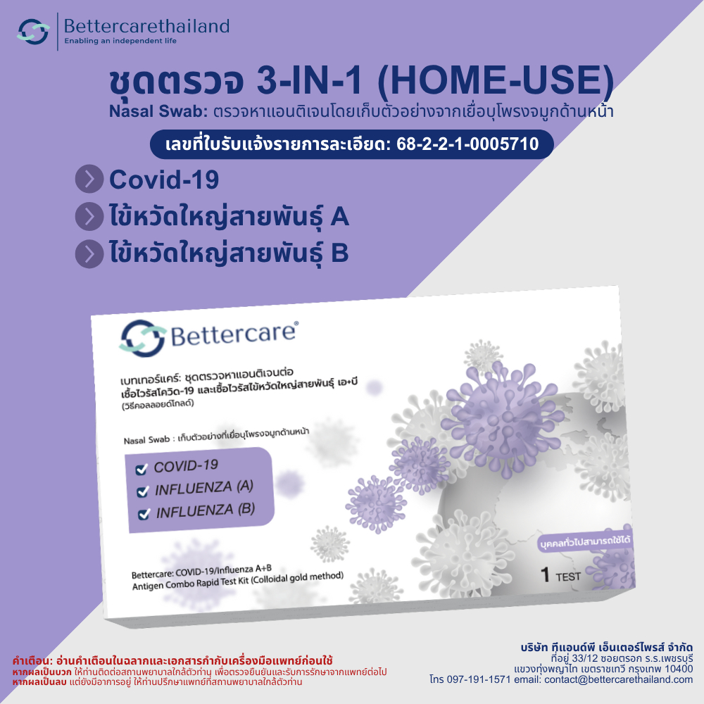 ชุดตรวจ ATK [3-in-1] Bettercare ชุดตรวจไข้หวัดใหญ่ โควิด : 3-in-1 COVID-19 / Influenza (A+B) Antigen Rapid Test Kit