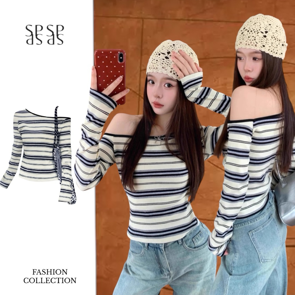 SPND【พร้อมส่ง】เสื้อแขนยาวปาดไหล่ลายทาง ลุคเกาหลี ใส่แล้วน่ารักสุดๆ (6950)