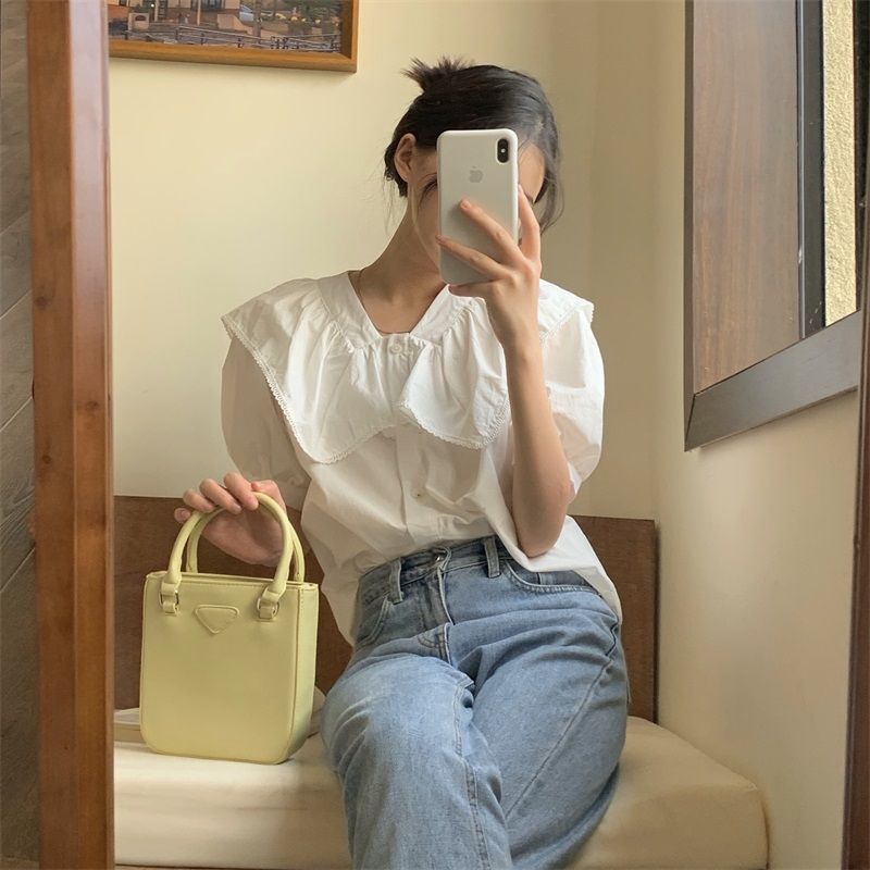 🧡LINNA🧡Hเวอร์ชั่นเกาหลี คอกลม ประกบ แขนสั้น เสื้อเชิ้ต