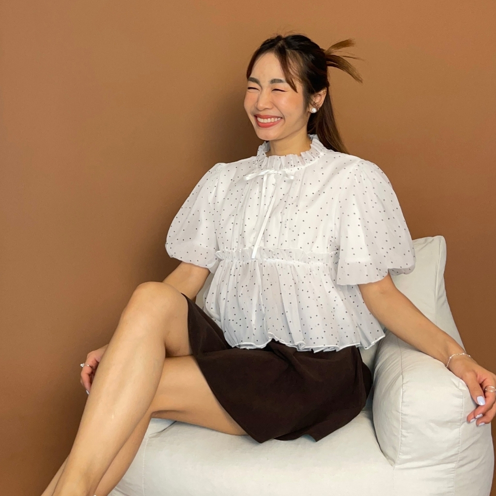 (S-3XL) CHAWY Polkadot Ruffle Blouse🐻‍ C4768 เสื้อระบายชีฟองครีม แขนตุ๊กตา สไตล์เกาหลีญี่ปุ่น