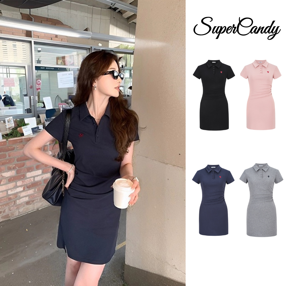 SuperCandy🌷เดรสแขนสั้น คอปกโปโล ปักลาย สไตล์บอดี้คอน เอว-รัดรูป เหมาะสำหรับเด็กผู้หญิง