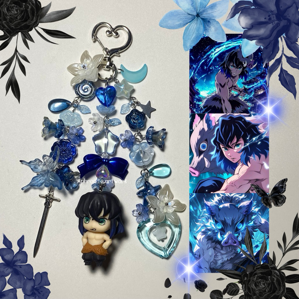 💙 พวงกุญแจ Inosuke ลิขสิทธิ์แท้ 💙 อิโนะซึเกะ ดาบพิฆาตอสูร ไยบะ พวงกุญแจลูกปัดแฮนด์เมด