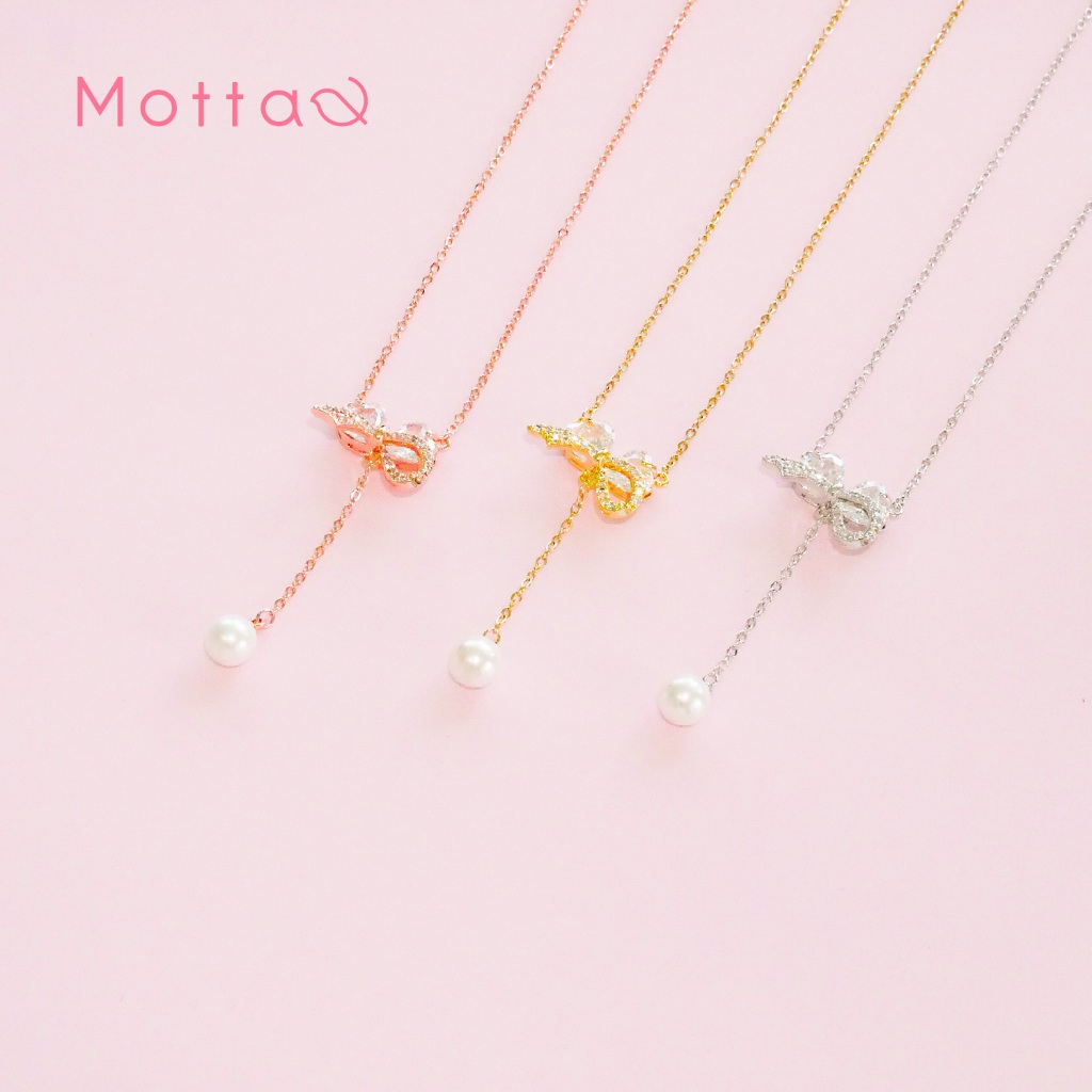 Motta Necklace สร้อยคอชุบทองคำขาว โบว์ประดับเพรชห้อยมุก