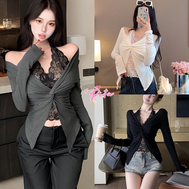 Rita พร้อมส่ง🍒เสื้อคล้องคอ แขนยาว แต่งลูกไม้ เซ็กซี่แฟชั่นผู้หญิง เสื้อครอป เสื้อครอปทรงเข้ารูป ดีไซน์จับจีบคอวี