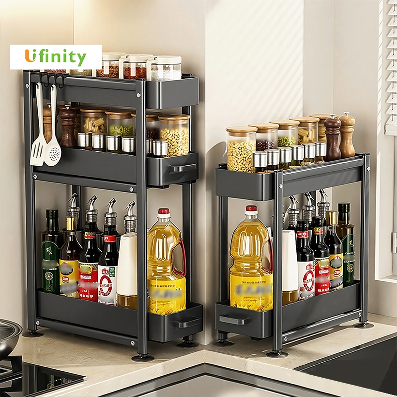 Lifinity 2/3 ชั้น วางเครื่องเทศแบบดึงออกได้ เหล็กกล้าคาร์บอน พร้อมที่จับ รวมตะขอ